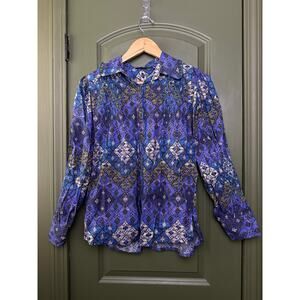 NWT Ro's Garden Gin Button-Up Collared Geometric Shirt Lachen Blue Purple XS